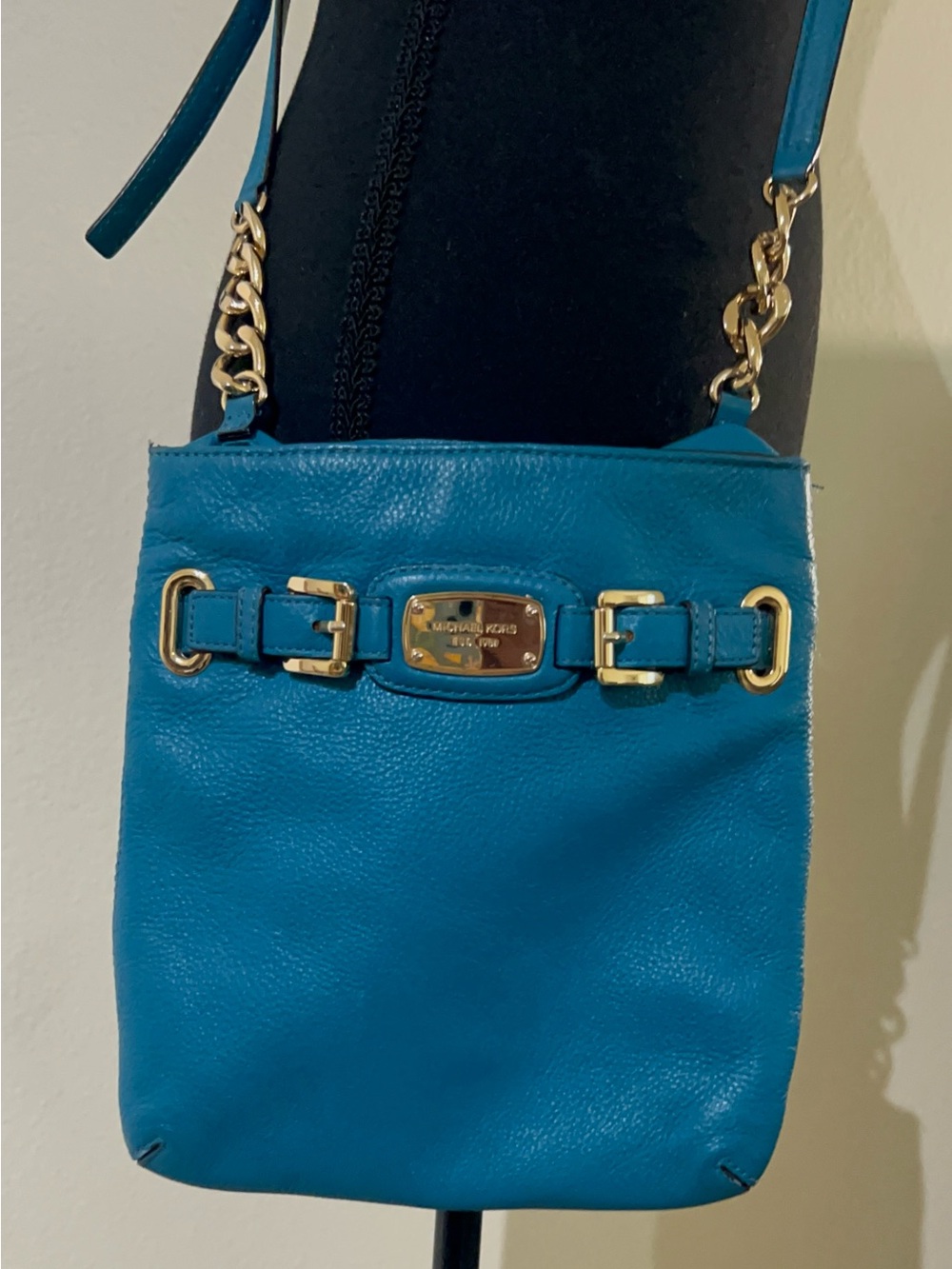 Michael Kors Teal Leather Crossbody with Gold Chain Accents